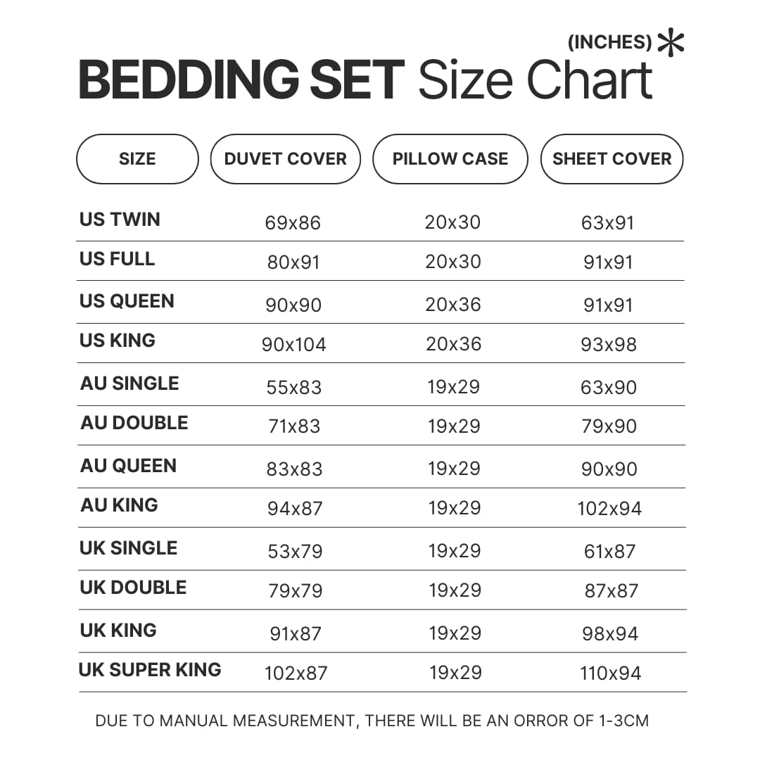 Bedding Set Size Chart - Dragon Ball Gifts